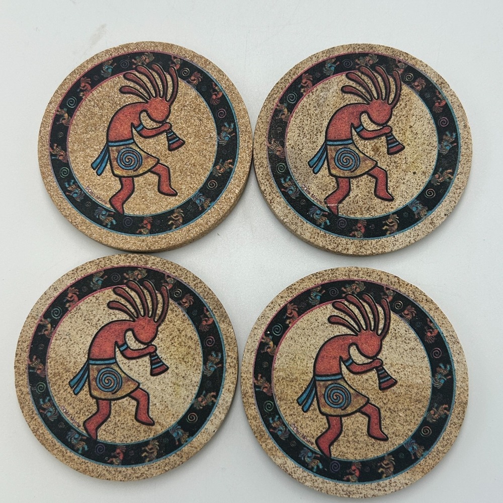 Thirstystone Sandstone KOKOPELLI Coasters Set 4" Cork Southwest Native Aztec - Picture 3 of 6